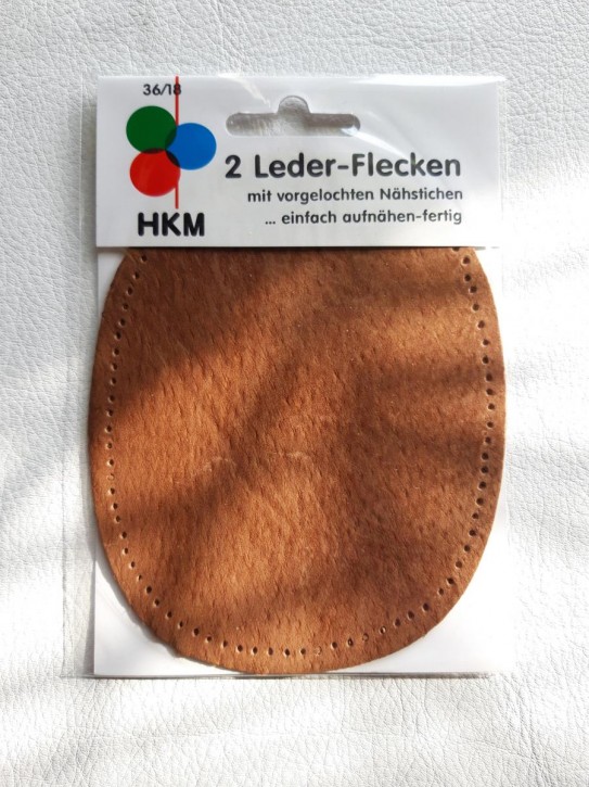 2 Lederflicken oval, mit vorgelochten Nähstichen braun